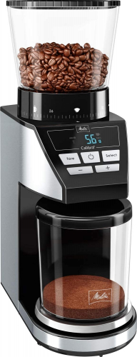 Melitta 1027-01 SST BK elektrische Kaffeem�hle Calibra mit Kegelmahlwerk und LCD-Display, sowie integrierter Waage, 39 Mahlgradeinstellungen, Fassungsverm�gen: 375 g, 160, schwarz/edelstahl