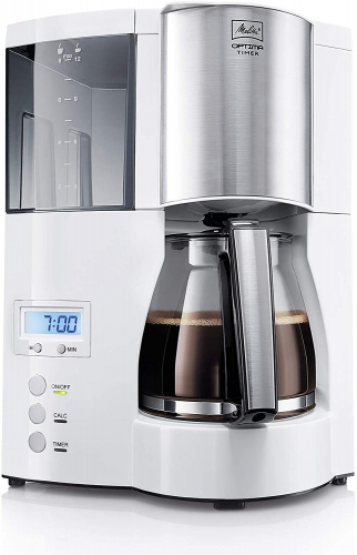 Melitta Optima Timer 100801 wh, Filterkaffeemaschine mit Glaskanne und Timer-Funktion, Abnehmbarer Wassertank, Wei�