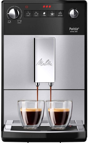 Melitta Purista F 230-101 Kaffeevollautomat mit fl�sterleisem Kegelmahlwerk (Direktwahltaste,  2-Tassen Funktion,  20 cm Breite,  entnehmbare Br�hgruppe) silber/schwarz