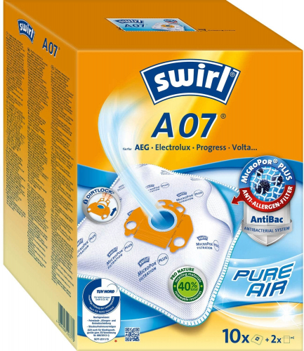 Swirl A07 MicroPor Plus Staubsaugerbeutel fr AEG, Electrolux, Progress und Volta Staubsauger, 10er Pack, 10 Stck + 2 Filter