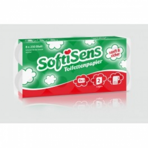 Toilettenpapier 2-lagig weiss; 250 Blatt; 8x8 Rollen - Menge: 1 Pakete