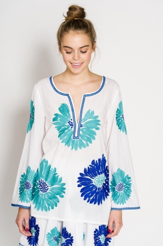 Nimo with Love CUBA LIBRE TUNIC COTTON WHITE FLOWER TURQ./BLUE - Size: L