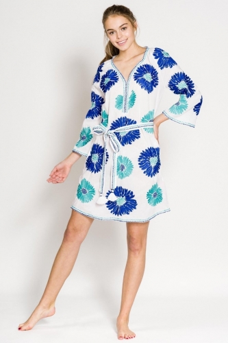 Nimo with Love GIMLET KAFTAN SHORT COTTON WHITE FLOWER TURQ./BLUE - Size: S