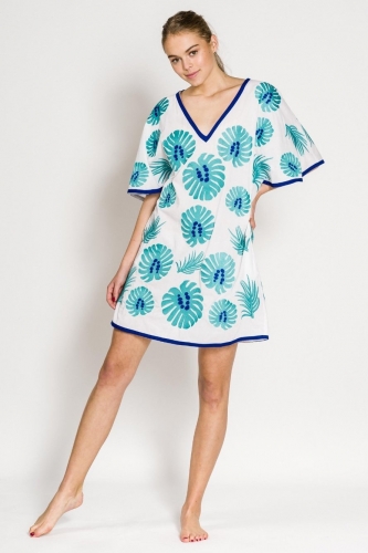 Nimo with Love SALTY DOG KAFTAN COTTON LEAF EMBR./TURQUOISE - Size: XS