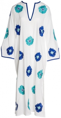 Nimo with Love WHITE LADY KAFTAN COTTON WHITE FLOWER TURQ./BLUE - Size: L