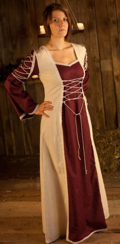 BRES Mittelalterkleid mit Schnrung auf den rmeln - Farbe: natur/weinrot - Gre: Einheitsgre