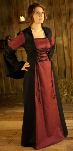 BRES Mittelalterkleid mit Schnrung und Kapuze - Farbe: weinrot/schwarz - Gre: Einheitsgre