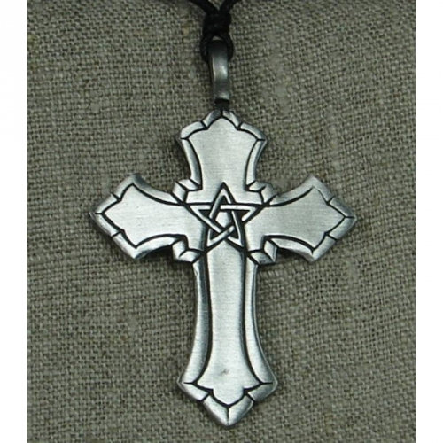 MEGALITH Zinnanh�nger Kreuz mit Pentagramm