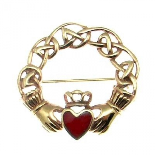MEGALITH Bronze-Brosche Claddagh mit rotem Herz