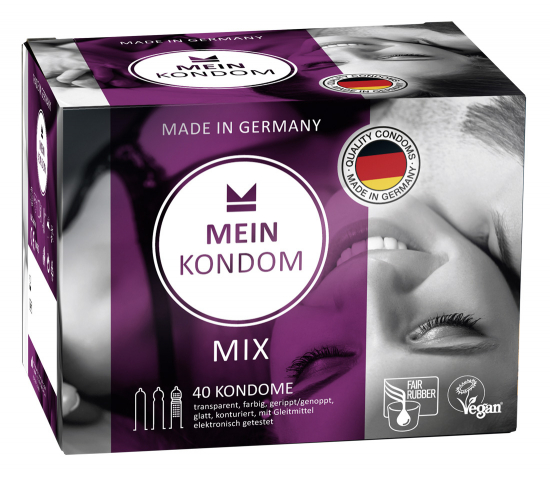 Mein Kondom Mix 40er - Farbe: transparent - Aroma: rot = Erdbeer, blau = Tutti-Frutti, gelb = Banane, grn = Mint - Menge: 40Stck