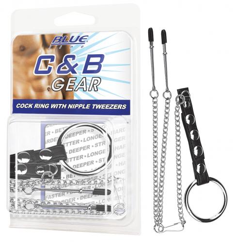 Blue Line BLUE LINE C&B GEAR Cock Ring With Nipple Tweezers - Farbe: PVC & Metall