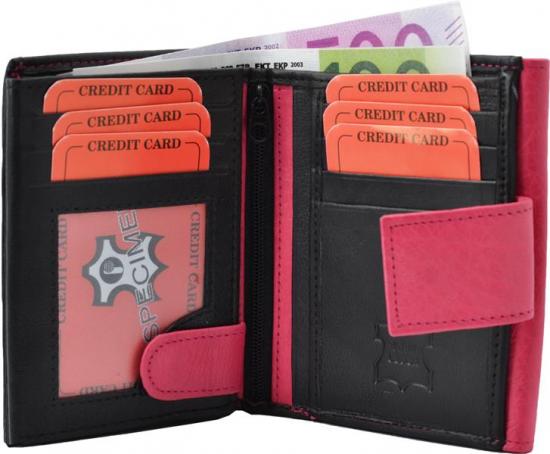 Impex Damenb�rse Echt-Leder mit gro�em Au�enriegel schwarz/pink