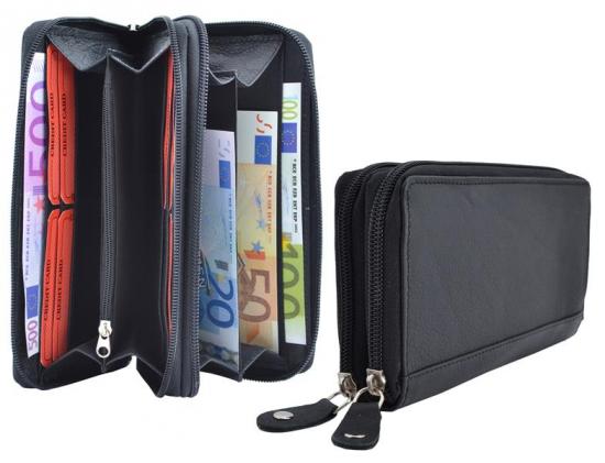 Impex Gro�e Damenb�rse 2 Rei�verschl�sse rundum Vollrind Leder schwarz