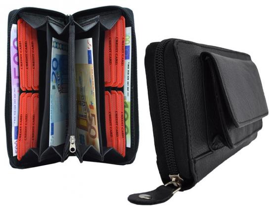 Impex Gro�e Damenb�rse 1 Rei�verschluss rundum mit Au�entasche Vollrind Leder schwarz