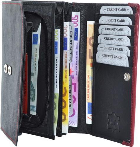 Impex Gro�e Damenb�rse mit Rei�verschluss Rind Leder schwarz/rot