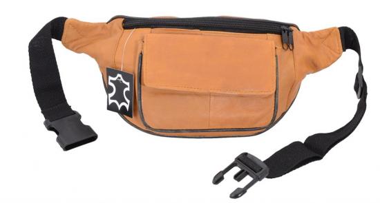 Impex Bauchtasche mit Fronttasche Klettverschluss Nappa Leder hell-tan