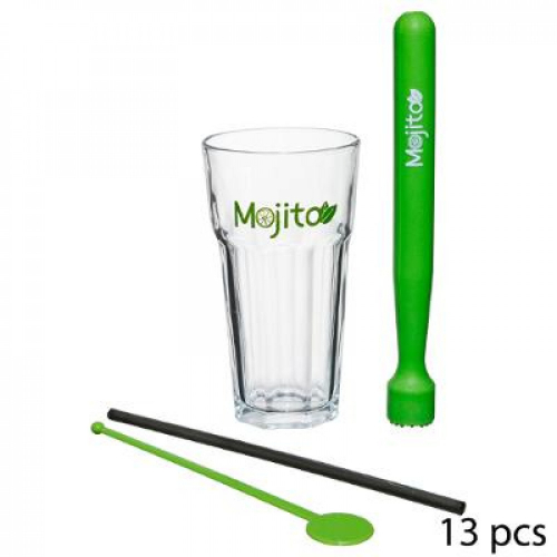 JJA  Mojito-Set 13-teilig - 4 groe Glser - 4 Mischer - 4 Strohhalme - Rezept