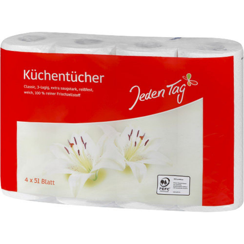 Jeden Tag JedenTag Kchenrolle Classic-Kchentcher 3-lagig 4x51 Blatt 
