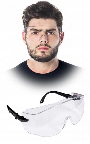 Markenlos Schutzbrille aufgesetzt auf Anti-Spritzer-Brille